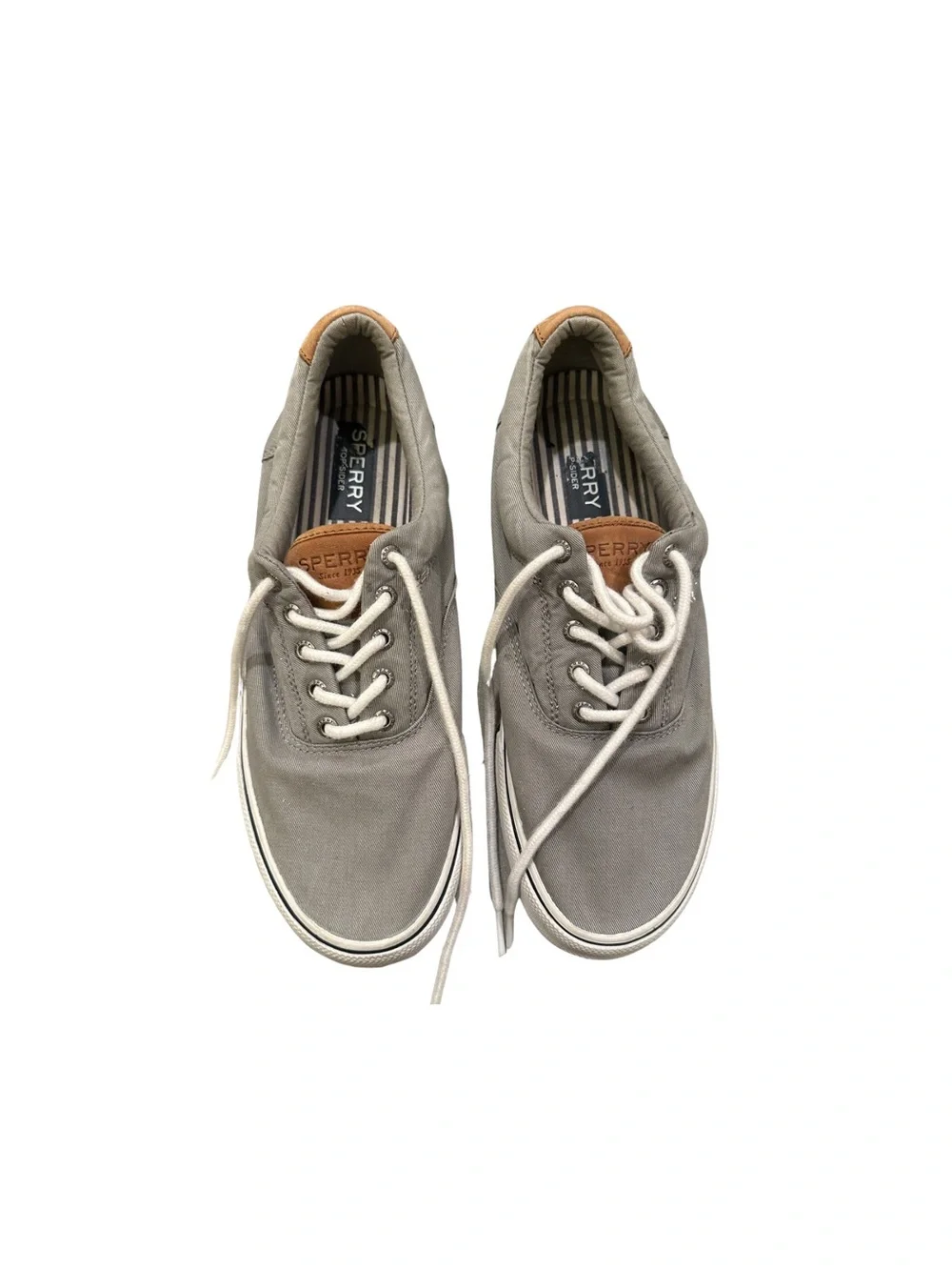 Sperry Men's Gray Canvas Boat Shoes with White Laces - Topsiders Size 11